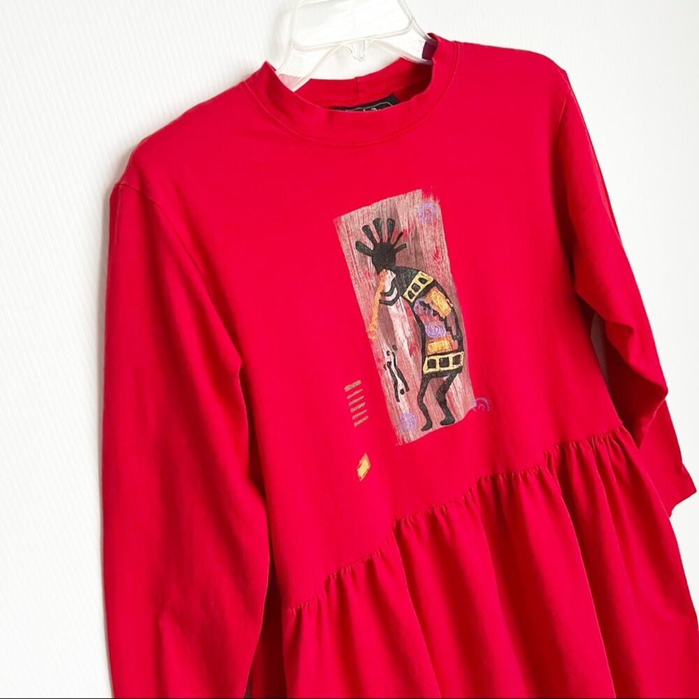 Vintage LA Artwear Red Long Sleeve African Music Dance Slouchy Dress Pockets